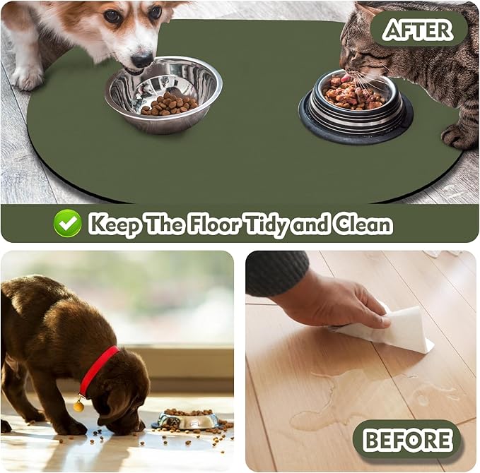 Pet Feeding Mat – 20''x12'' Absorbent Dog Food Mat, Pet Water Mats Protect Floor, No Stains Quick Dry Bowl Mats, Non-Slip Rubber Base Pets Placemats for Food and Water, Dark Green