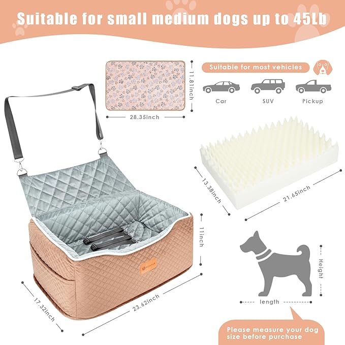 AlfaTok Memory Foam Booster Dog Car Seat Medium Dogs, Elevated Pet Car Seat Under 45 LBS, Detachable Washable, Anti-Slip Dog Booster Seat for Car Back Seat Only, Travel Dog Car Bed, Dog Seat Belt
