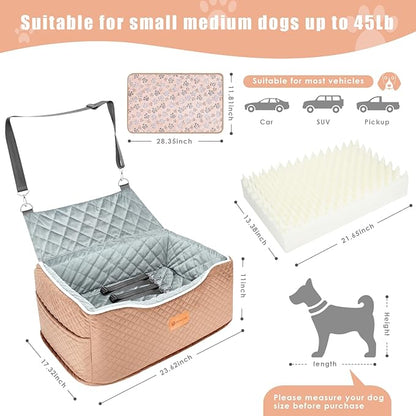 AlfaTok Memory Foam Booster Dog Car Seat Medium Dogs, Elevated Pet Car Seat Under 45 LBS, Detachable Washable, Anti-Slip Dog Booster Seat for Car Back Seat Only, Travel Dog Car Bed, Dog Seat Belt