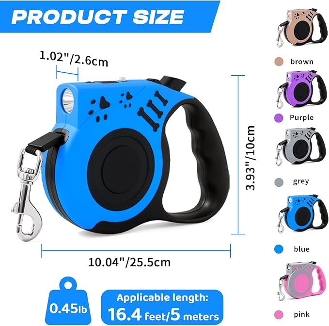 Retractable Dog Leash with USB Rechargeable Flashlight for Night Walks, 16FT Automatic Telescopic Tractor Dog Leash for Small and Medium Dogs, Blue