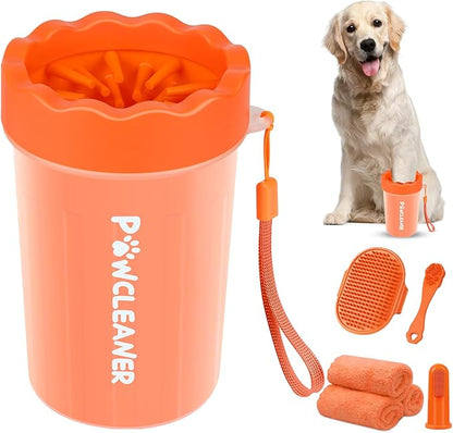 Professional 7 in 1 Dog Paw Cleaner for Dogs & Cats - Includes 1 Portable Paw Washer, 1 Bath Brush, 2 Dog Toothbrushes and 3 Absorbent Towels Note: Fits Paws 1.5 to 2.5 Inches Wide (Orange, Medium)