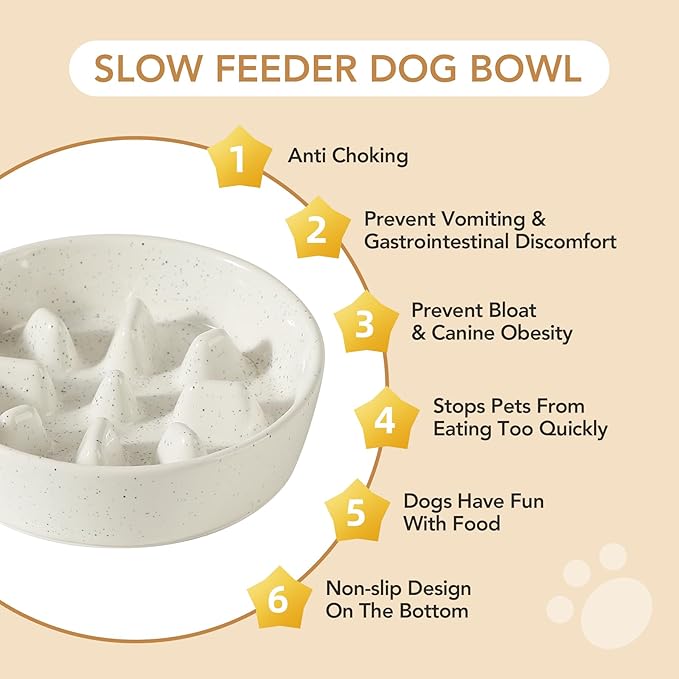Ceramic 1.2 Cup Dog Bowl Slow Feeder, 7.3 inch Slow Pet Food Dish for Medium and Small Dog, Stop Bloat, Preventing Choking(Single Bowl, Vanilla White)