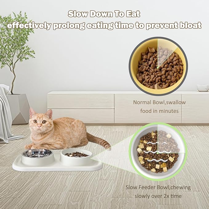 Waterproof Silicone Cat Food Bowls, Stainless Steel & Silicone Slow Feeder Double Bowls, Non-Skid & Non-Spill Raised Edge, Food and Water Feeder for Cat and Puppy
