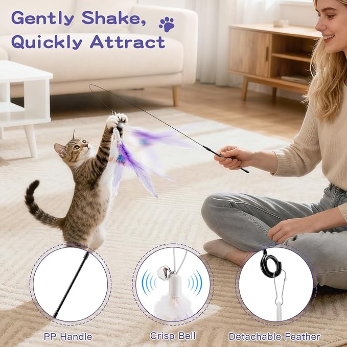 Pawaboo Feather Teaser Cat Toy, Interactive Feather Wand Cats Toy Flying Feathers Cat Catcher with Extra Long 34.5" Wand and Small Bell, Exerciser Playing Toys for Kitten or Cats, Purple