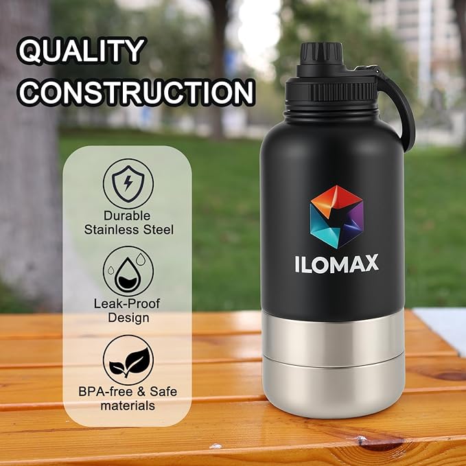 ILOMAX 3-in-1 Insulated Dog Travel Water Bottle, Stainless Steel, with Food & Water Bowls + Extra Magnetic Lid, Leak-Proof, Keeps Drinks Cold 12H/Hot 6H, Portable Hydration, 32oz (Black)