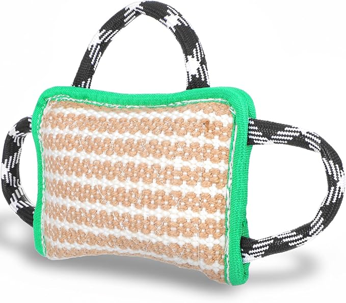 Durable Dog Jute Bite Pillow, 9.8“ x 6.7” Safe Biting Pad with 3 Strong Handles, Safe Tough Jute Tug of War Toy for Medium to Large Dogs Puppy Training, Green