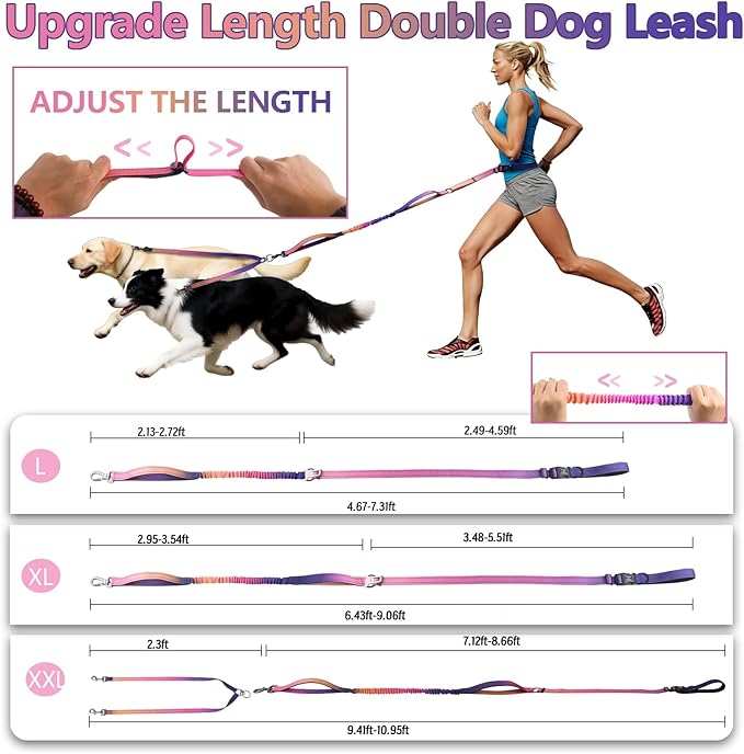 Roses&Poetry Hands Free Double Dog Leash for Two Dogs, 9-11ft Adjustable Bungee Walking Waist Lead, Dual Dogs Leash with Tangle-Free Swivel for Medium Large Dog Heavy Duty Running(Mistyrose)