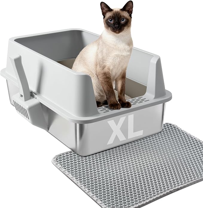 Stainless Steel Litter Box with Lid, XLarge Metal Litter Box for Big Cats, High-Sided Cat Litter Boxes for Anti Urine Splash, Odor Control, Non-Stick & Easy to Clean, Includes Scoop and Mat