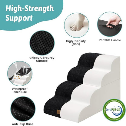 Detachable Curved Dog Stairs 19.7" H, 4 Step Small Dog Step for Puppy or Older Cat, Ramp for Bed, Sofa, Couch or Chair, Ladder with High Density Foam, 17.7x28.3x19.7 inch, Black