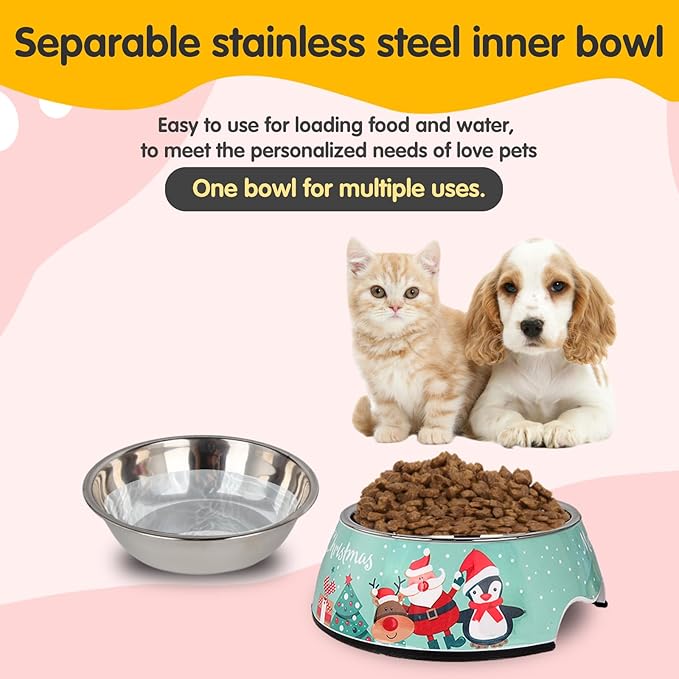 Christmas Xmas Pet Dog 2 in 1 Food Water Bowls - Non Slip Skid Proof Heavy Duty Pet Cats Dog Food Water Bowls for Feeding Small Dogs Puppies Cats Kittens-Green Christmas-S