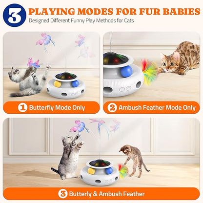 Interactive Cat Toys 3 in 1 Automatic Cat Toy for Indoor Cats, Electric Kitten Toy with USB Rechargeable, Self Play Kitty Toys with Spinner Fluttering Butterfly, Track Ball and 2 Ambush Feathers