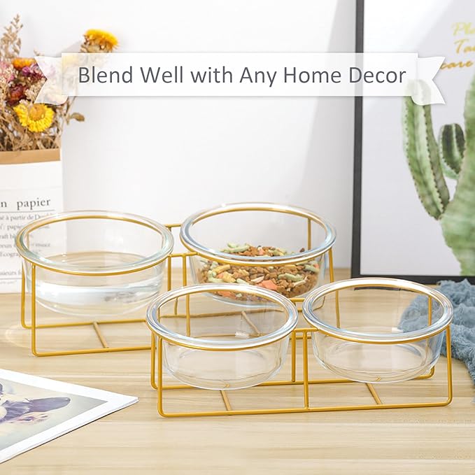 Elevated Dog Bowls for Small Dogs - 2 Glass Bowls with Gold Iron Stand - Raised Pet Dish Set for Food and Water - Comfortable Feeding