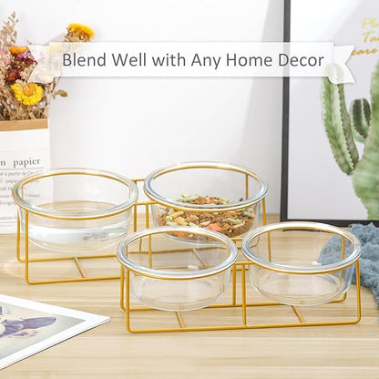 Elevated Dog Bowls for Small Dogs - 2 Glass Bowls with Gold Iron Stand - Raised Pet Dish Set for Food and Water - Comfortable Feeding