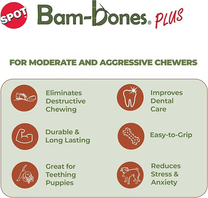 SPOT Bam-Bones Plus Dino Bone - Bamboo Fiber & Nylon, Durable Long Lasting Dog Chew for Aggressive Chewers – Great Toy for Dogs Under 90lbs, Non-Splintering, 7.25in Peanut Butter Flavor Allergen Free