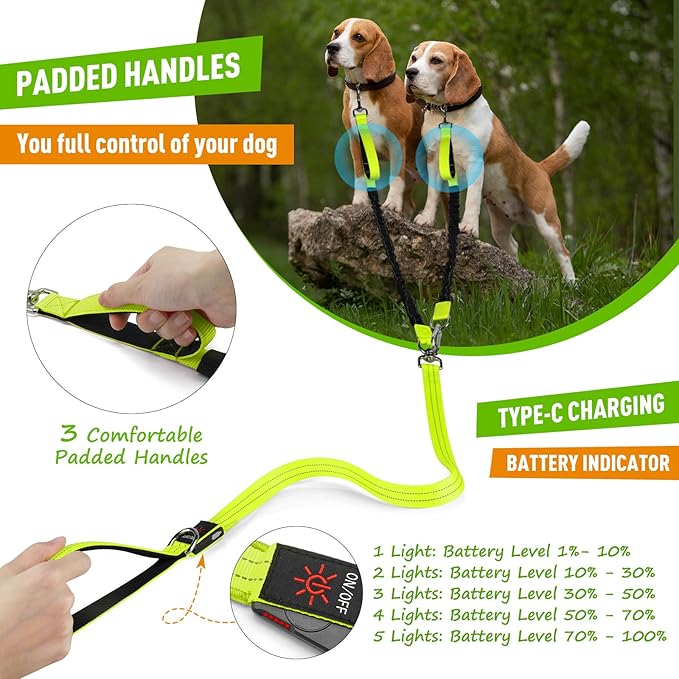 LED Double Dog Leash, 360° Swivel Dual Dog Walking Leash, Comfortable Shock Absorbing Lead for Dog, Reflective Removable Bungee for Two Dogs