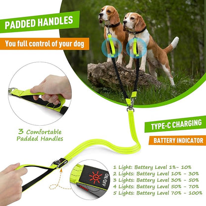 LED Double Dog Leash, 360° Swivel Dual Dog Walking Leash, Comfortable Shock Absorbing Lead for Dog, Reflective Removable Bungee for Two Dogs