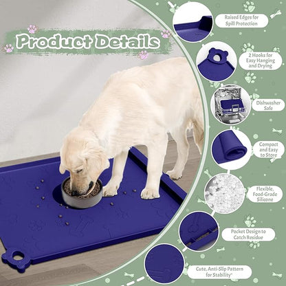 Silicone Dog Food Mat With Residue Collection Pocket - Waterproof Pet Feeding Mat for Cats and Dogs, Raised Edges, Hooks, Placemats for Water Bowl