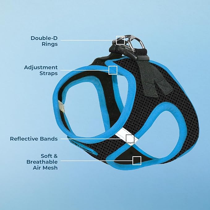 Best Pet Supplies - All Weather Mesh/Plush, Reflective, No Pull Harness for Small, Medium Dogs, Cats - Secure with Hook & Loop Fastener, Buckle, Double D-Rings - Black/Blue Trim, XL