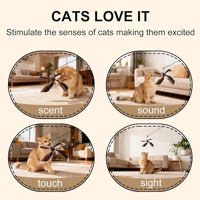 Cat Wand Toys Interactive for Indoor Cats, 4PC 4-Blade Feather Propeller Refills (Classic Mocha Brown)