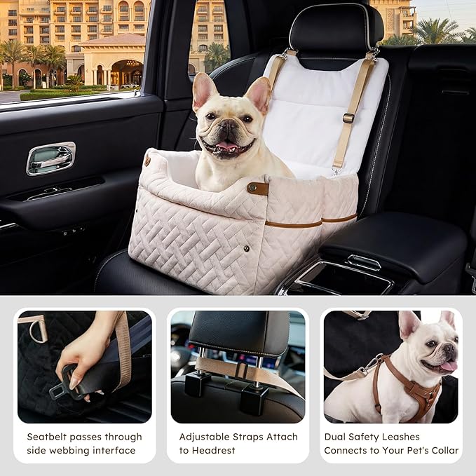 ZOMISIA Elevated Dog Car Seat for Medium Dogs, 3 Adjustable Heights with 2 Egg Crate Foam Boosters 4"+2", Dual-Sided Cooling&Plush Waterproof Cover, 2 Safety Leashes & Buckles, Beige