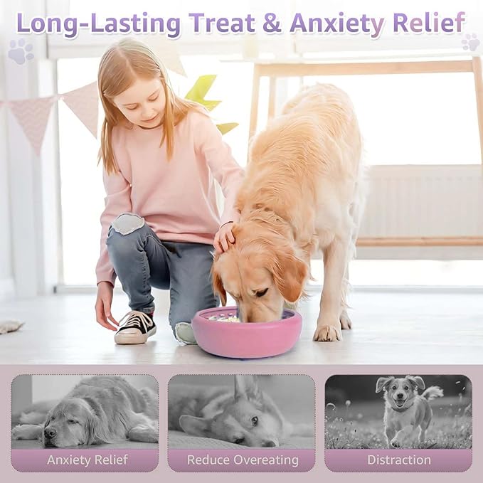Dog Lick Bowl, ZOURYNUA Non-Slip Slow Feeder Dog Bowls, Enrichment Licking Mat for Distraction, Anxiety Relief Treat Dispenser Freezer, BPA Free Silicone & Dishwasher Safe (Pink, Small)