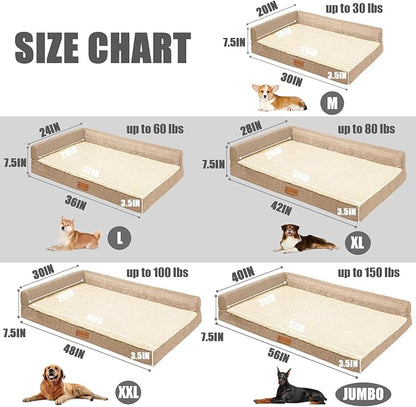 Patas Lague Orthopedic Jumbo Dog Bed for Extra Large Dogs 56''X40'', Waterproof L Bolster Pet Sofa Beds with Removable Washable Cover, Soft Comfortable Pet Couch Crate Mat with Nonskid Bottom, Cream