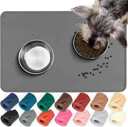 VIVAGLORY Dog Food Mat Flexmat Dog Bowl Mat, Placemat Food Tray with Raised Edges & Lip for Indoor Floor, Non Slip Waterproof Silicone Dish Placemat for Cat & Pet, S, Grey