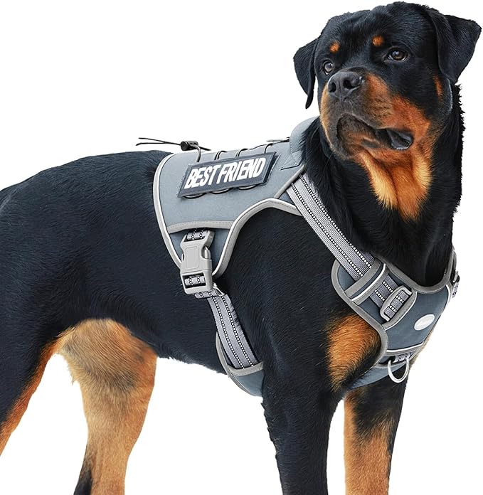 Auroth Tactical Dog Harness for Large Dogs No Pull Adjustable Pet Harness Reflective Working Training Easy Control Pet Vest Military Service Dog Harnesses Grey XL