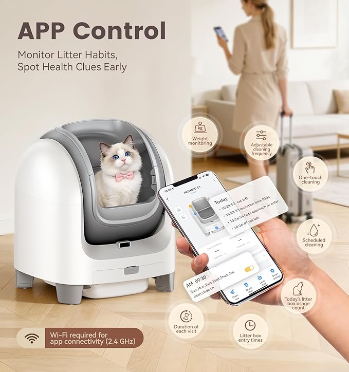 Self Cleaning Litter Box for Large Cats - Scented Automatic Cat Litter Box with Smart APP Health Monitoring & Weight Tracking, Extra Large Smart Cat Toilet, Multi-Cat Safe & Quiet, White