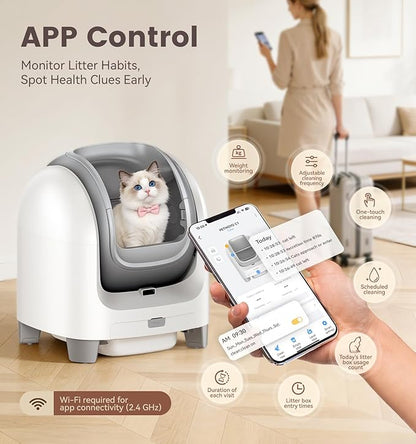 Self Cleaning Litter Box for Large Cats - Scented Automatic Cat Litter Box with Smart APP Health Monitoring & Weight Tracking, Extra Large Smart Cat Toilet, Multi-Cat Safe & Quiet, White