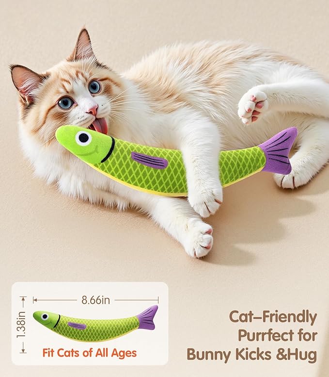 PetBusy Cat Toys with[5000mg A+Natural Catnip &Silvervine] [Baby Grade] Interactive Soft Chew Kicker Cat Toys for Indoor Cats & Kittens, [Crinkle &Bell] Fish Sound Toy, Drives Bored Cat Crazy with Fun