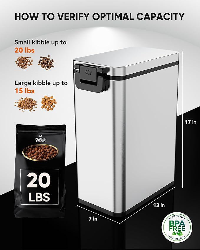 Courpal® Stainless Steel Dog Food Storage Container - 20 LB / 15 LB Dry Pet Food Container with Lids Airtight for Cat Dog Bird - 15L / 4 Gal Stackable Metal Large Sealed Animal Food Bin with Scoop