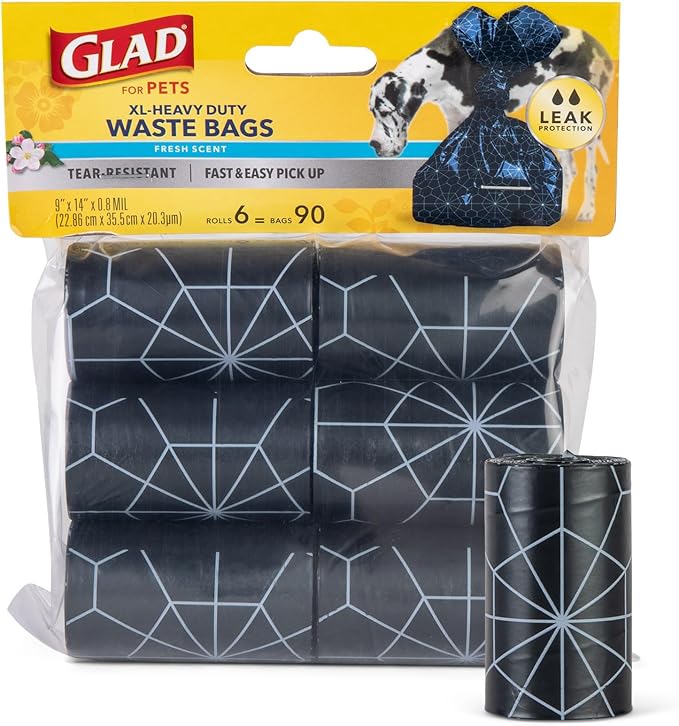 Glad for Pets Extra Large Scented Dog Poop Bags, Heavy Duty Tear-Resistant Pet Waste Pickup Bags with Fresh Scent, Easy-Tie Handles for Walking, Camping, Travel, 90 Count