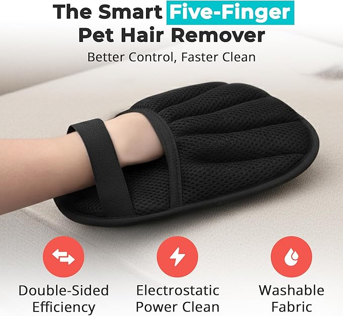 Pet Hair Removal Gloves for Dogs and Cats, Reusable Electrostatic Grooming Tool, 2-Piece Set for Furniture, Clothing, Car Seats Reusable 2-in-1 Design, 2 Pack