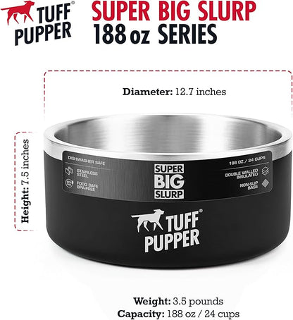Tuff Pupper Heavy Duty Insulated Dog Bowl | Double Wall Stainless Steel Dog Food Dish | Non-Slip Spill Proof Dishwasher Safe Cat Bowl | Water Dish for Feeding Large Medium Small Pets (188oz, Black)