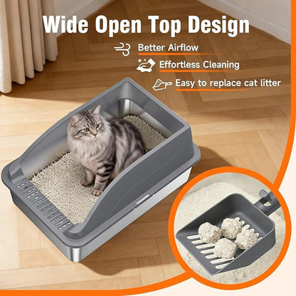 2PACK Stainless Steel Litter Boxes, Extra Large XL Odor Free Metal Litter Box with High Sides, Open Top Litter Pan Include Scoop Easy Cleaning Anti-Scratch Kitty Cat Box Anti-Urine Leakage, Non-Sticky