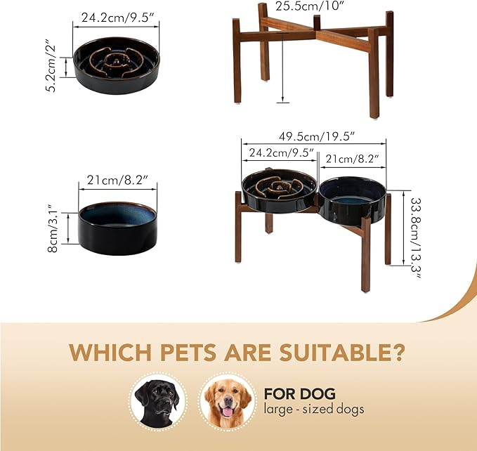 Ceramic 3.2 Cup Raised Slow Feeder Dog Bowl Set, Elevated 8.2inch Bowl and 9.5inch Dish with Acacia Wood Stand for Large Dog, Stop Bloat(2 x Starry Sky+ Stand)