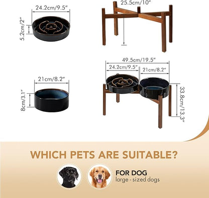 Ceramic 3.2 Cup Raised Slow Feeder Dog Bowl Set, Elevated 8.2inch Bowl and 9.5inch Dish with Acacia Wood Stand for Large Dog, Stop Bloat(2 x Starry Sky+ Stand)