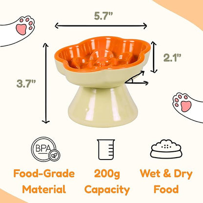 Detachable Slow Feeder Cat Bowl, Unbreakable Elevated Cat Bowls - Heavy Weighted, Non-Slip Raised Slow Feeder, Tilted Small Dogs Slow Feeders Bowl, Dry & Wet Food, Whisker Friendly (Orange, 5.8")