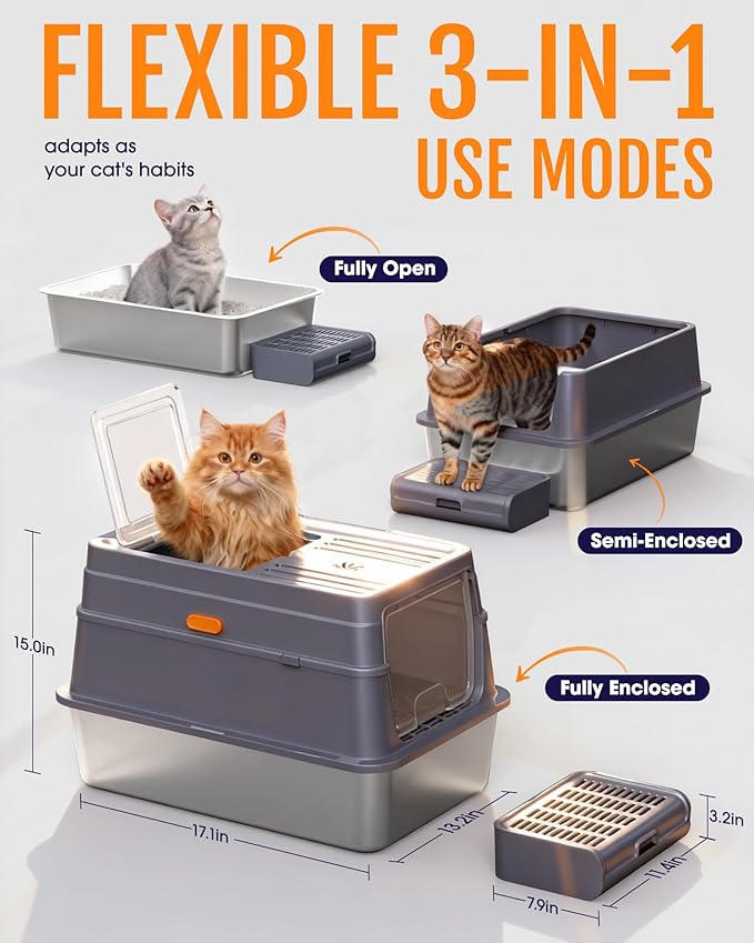 Cat Litter Box - Stainless Steel Litter Box with Lid for Kitty, Metal Base Enclosed Cat Box with Litter Scoop, Elevated Step Box, Activated-Carbon Pack, 17.1" x 13.2" x 15", Grey