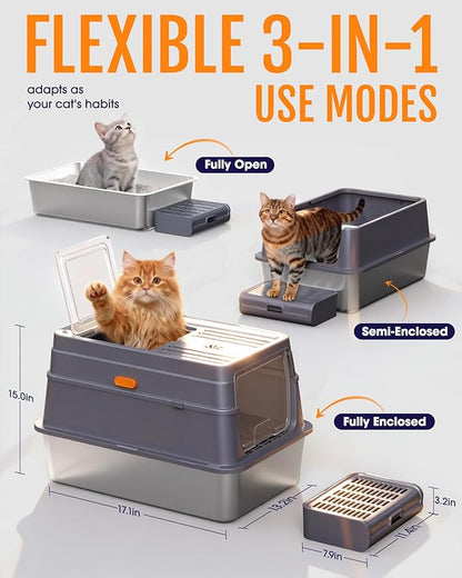 Cat Litter Box - Stainless Steel Litter Box with Lid for Kitty, Metal Base Enclosed Cat Box with Litter Scoop, Elevated Step Box, Activated-Carbon Pack, 17.1" x 13.2" x 15", Grey