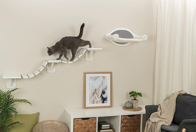 Trixie Wall Mounted Cat Bridge – Space-Saving Cat Wall Shelves for Climbing, Jumping & Vertical Play – Elevated Cat Furniture with 3 Platforms – White, 59.1 x 11.8 x 5.5 in