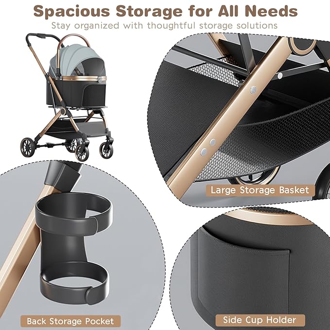 4 Wheels Pet Stroller for Small Medium Dogs Cats Up to 45 lbs Folding Dog Stroller with Detachable Breathable Carrier Suitable for Car Seat, Hand Carry & Travel, All Terrain, 3 in 1 Multifunctional