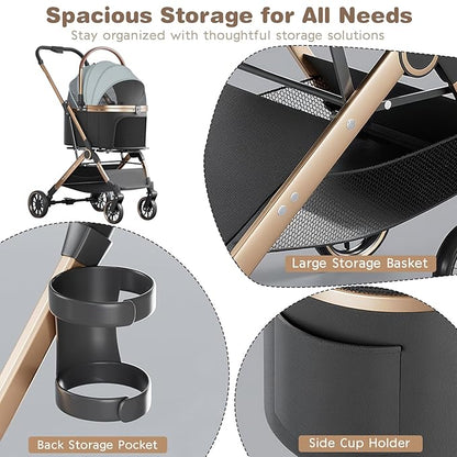 4 Wheels Pet Stroller for Small Medium Dogs Cats Up to 45 lbs Folding Dog Stroller with Detachable Breathable Carrier Suitable for Car Seat, Hand Carry & Travel, All Terrain, 3 in 1 Multifunctional