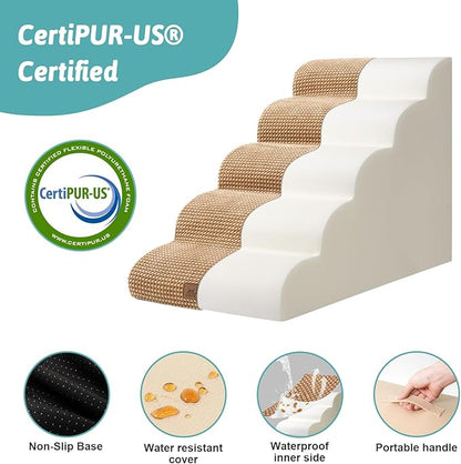 Dog Stairs for High Bed 22.6" H, Small Dog Step for Puppy, Older or Cat, Curved Ramp for Car, Ladder with High Density Foam, Lightweight, Durable, 5 Step, 15.7x33x22.6 inch, Light Brown