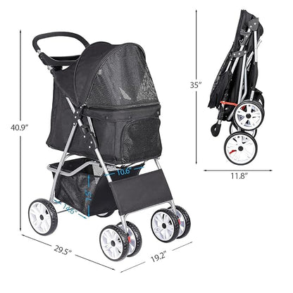 ZENY Foldable Pet Stroller, Cat/Dog Stroller with 4 Wheel, Pet Travel Carrier Strolling Cart with Storage Basket, Cup Holder (Black)