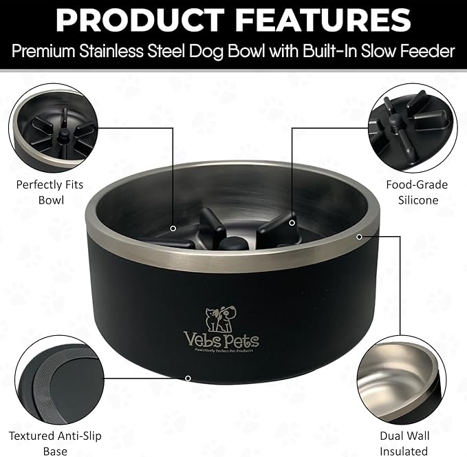 64 oz Premium Insulated Stainless Steel Dog Bowl - Non-Slip, Spill-Proof, BPA-Free - Includes A Slow Feeder Insert, Dog Dish, Water and Food Bowl Feeding of Large and Medium Dogs - Black