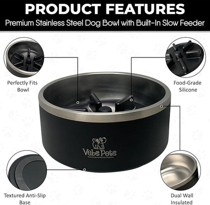 64 oz Premium Insulated Stainless Steel Dog Bowl - Non-Slip, Spill-Proof, BPA-Free - Includes A Slow Feeder Insert, Dog Dish, Water and Food Bowl Feeding of Large and Medium Dogs - Black