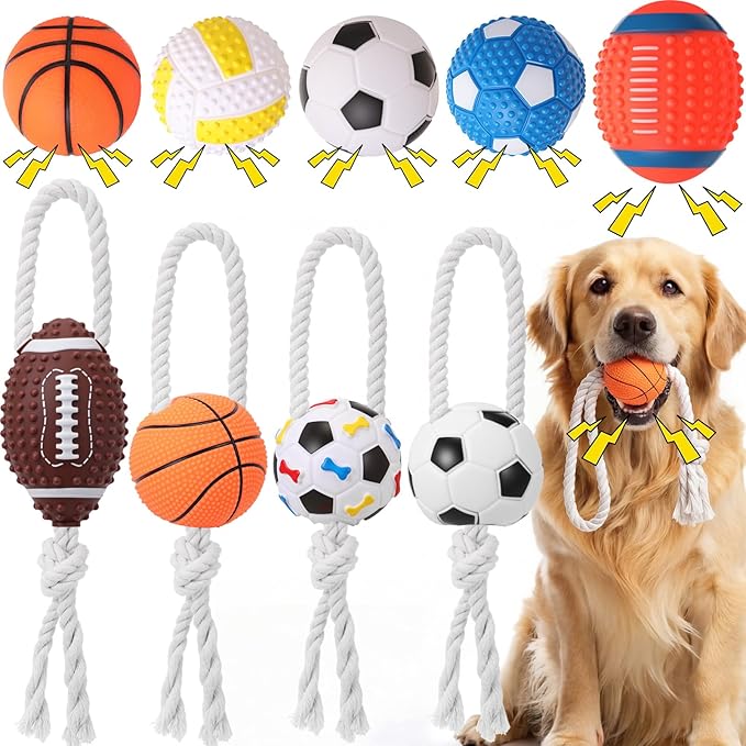 9 Pack Squeak Latex Puppy Dog Toy Ball and Dog Rope Toys Sets Sports Balls Sets Chew Rope Toy Rubber Soccer Volleyball Interactive Funny Doggy Toys with Squeaker for Teething Training