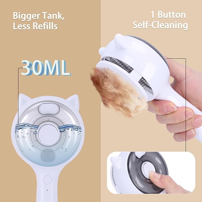 Pet Steam Brush for Cats & Dogs ，3-in-1 Pet Grooming Comb，Reduces Shedding, Soft Bristles, Promotes Healthy Coat-Comes - Includes Waterless Shampoo，White